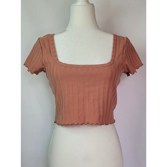 aerie Tops - Offline by Aerie Terra Cotta Ribbed Crop Top Size L Square Neckline Lettuce Edge